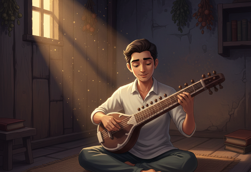 Illustration of a young man practicing a sarod in a dimly lit shed, focusing intently on the instrument.