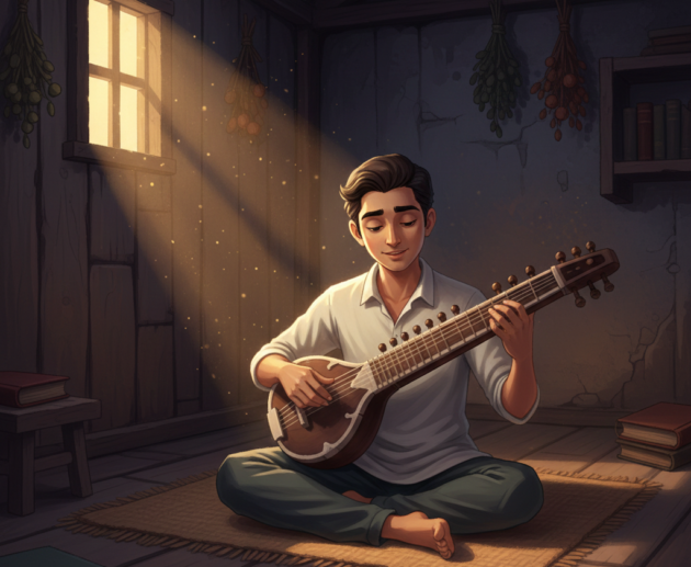 Illustration of a young man practicing a sarod in a dimly lit shed, focusing intently on the instrument.