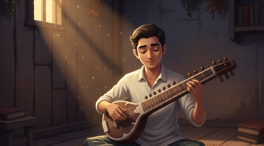 Illustration of a young man practicing a sarod in a dimly lit shed, focusing intently on the instrument.