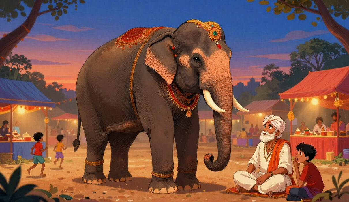 Elephant tied with a small rope at an Indian mela, symbolizing limiting beliefs.