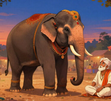 Elephant tied with a small rope at an Indian mela, symbolizing limiting beliefs.