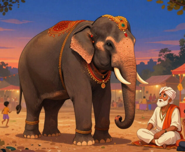 Elephant tied with a small rope at an Indian mela, symbolizing limiting beliefs.