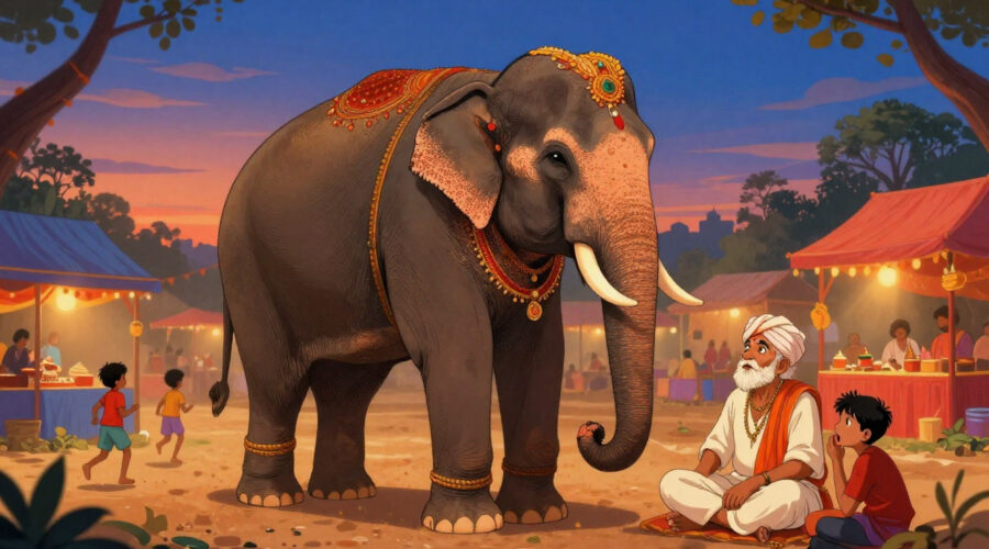 Elephant tied with a small rope at an Indian mela, symbolizing limiting beliefs.