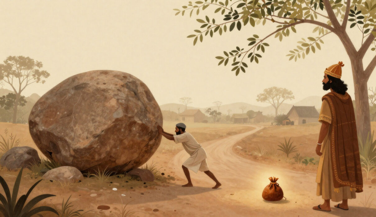 The Obstacle in our Path - Peasant pushing a large boulder on a village road with a hidden purse underneath.