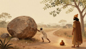 The Obstacle in our Path - Peasant pushing a large boulder on a village road with a hidden purse underneath.
