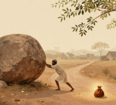 The Obstacle in our Path - Peasant pushing a large boulder on a village road with a hidden purse underneath.