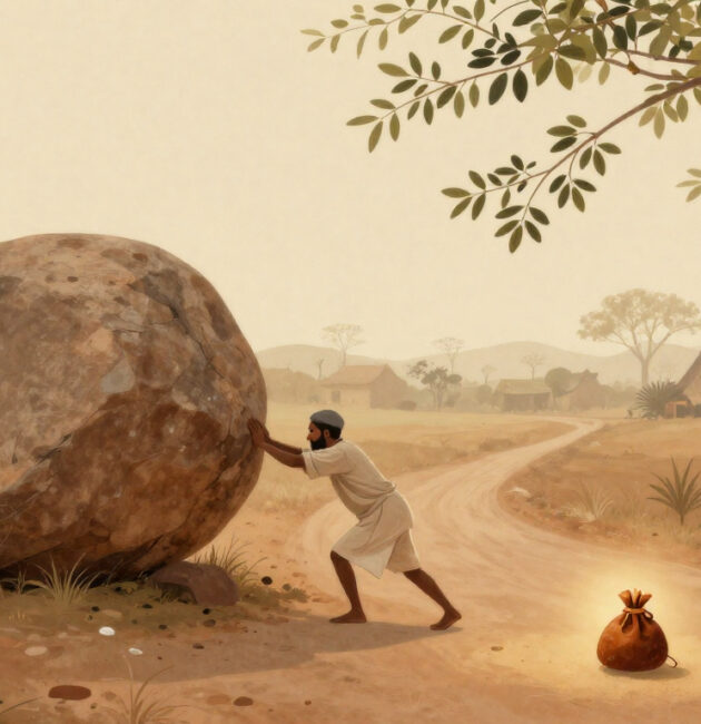 The Obstacle in our Path - Peasant pushing a large boulder on a village road with a hidden purse underneath.