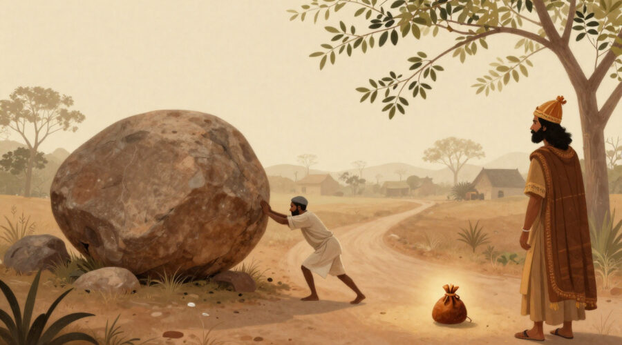 The Obstacle in our Path - Peasant pushing a large boulder on a village road with a hidden purse underneath.