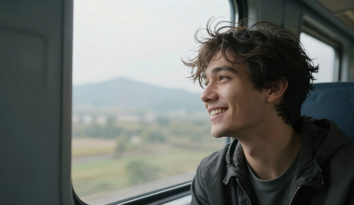 Young man joyfully looking out of a train window seeing the world for the first time.