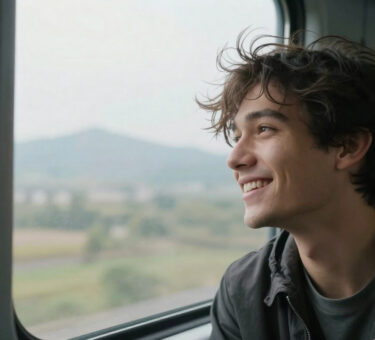 Young man joyfully looking out of a train window seeing the world for the first time.