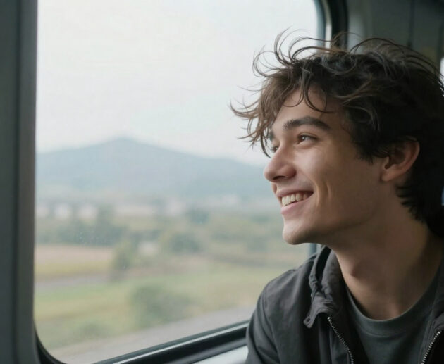 Young man joyfully looking out of a train window seeing the world for the first time.