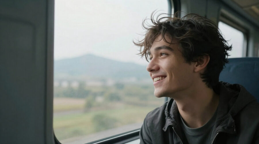 Young man joyfully looking out of a train window seeing the world for the first time.