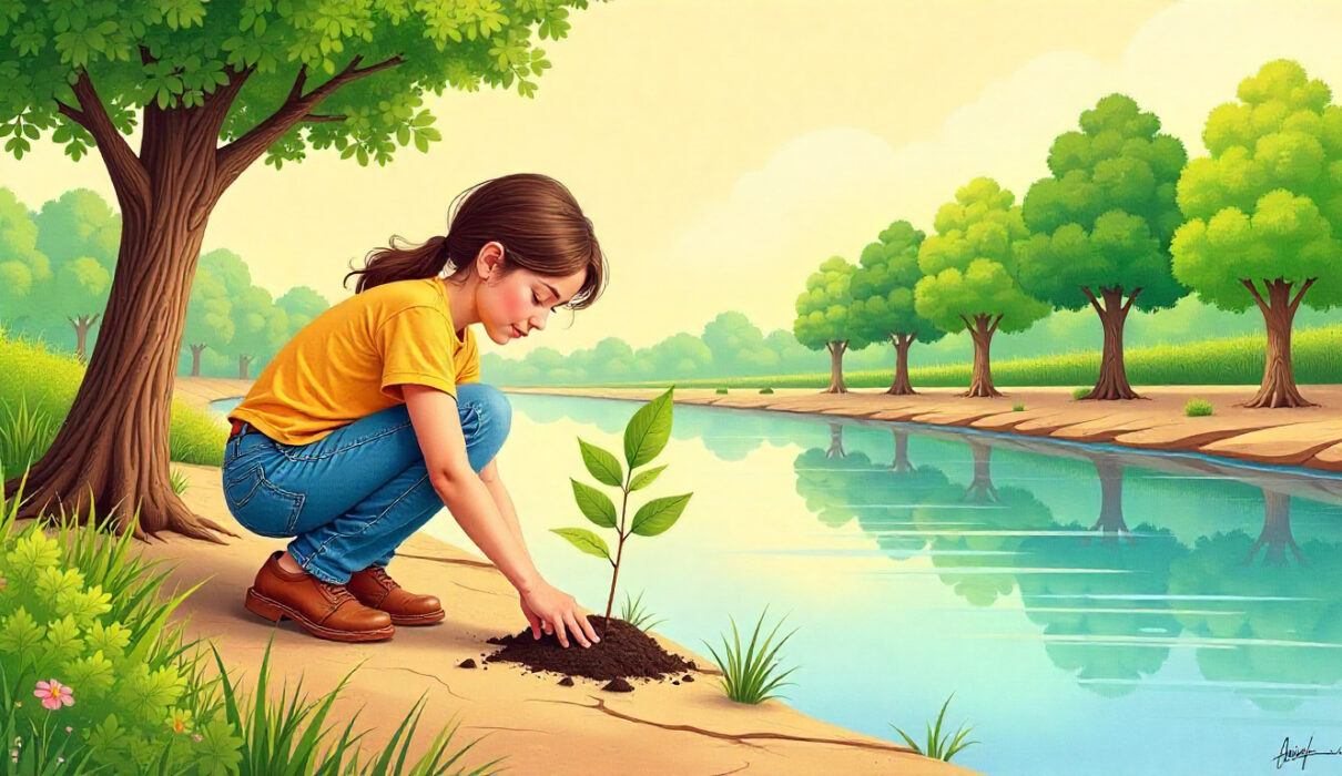 Illustration of a young woman planting a small sapling on a cracked, dry riverbank, next to a newly formed line of healthy green trees.