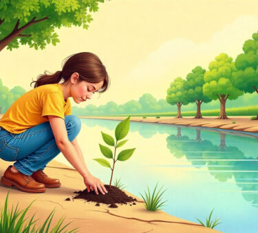 Illustration of a young woman planting a small sapling on a cracked, dry riverbank, next to a newly formed line of healthy green trees.