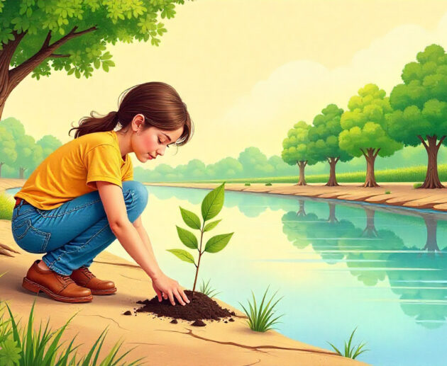Illustration of a young woman planting a small sapling on a cracked, dry riverbank, next to a newly formed line of healthy green trees.