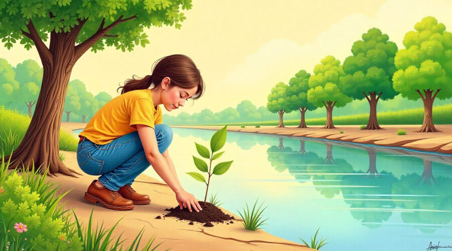 Illustration of a young woman planting a small sapling on a cracked, dry riverbank, next to a newly formed line of healthy green trees.