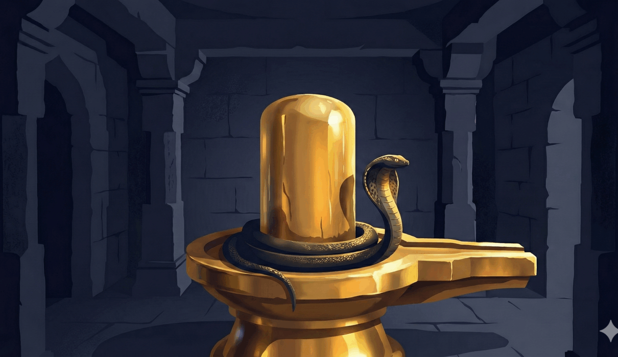 Indian fable showing a dark snake coiled beneath a small golden idol in a stone temple shrine.