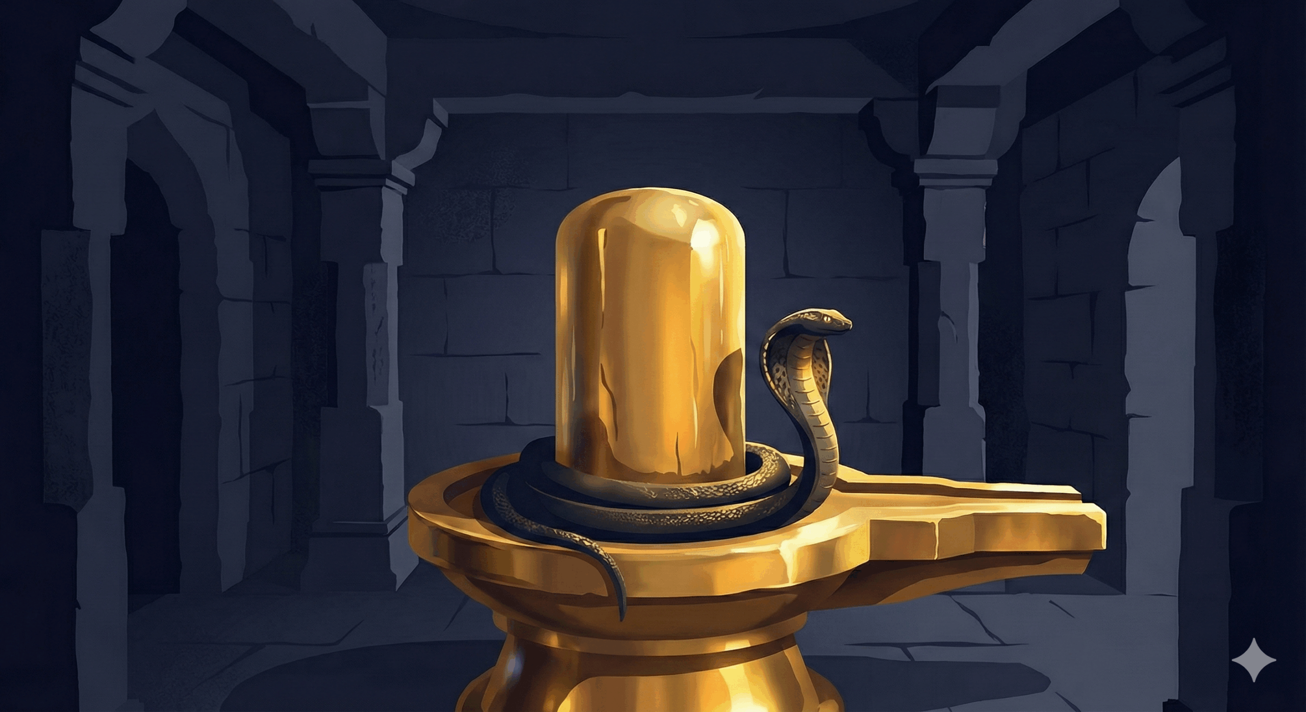 Indian fable showing a dark snake coiled beneath a small golden idol in a stone temple shrine.