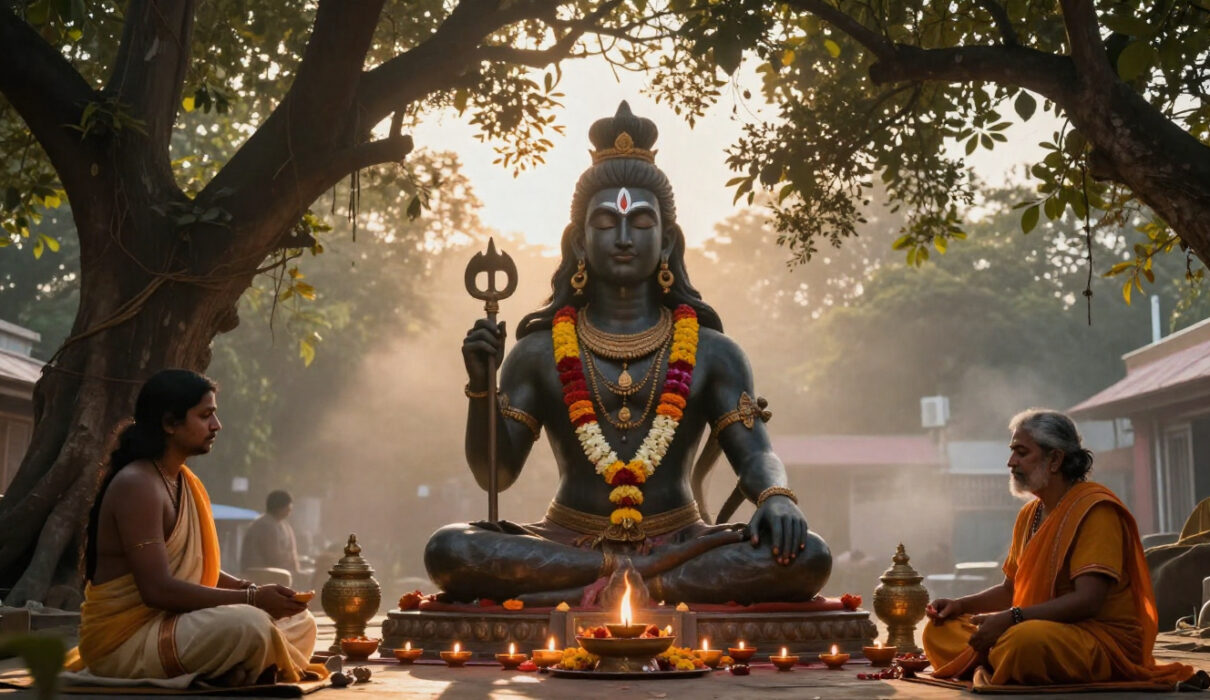 Devotee offering Bilva leaves to Shiva Lingam on Maha Shivaratri night