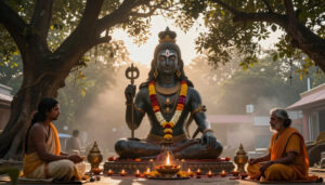 Devotee offering Bilva leaves to Shiva Lingam on Maha Shivaratri night