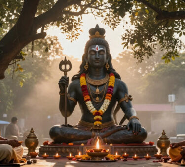 Devotee offering Bilva leaves to Shiva Lingam on Maha Shivaratri night