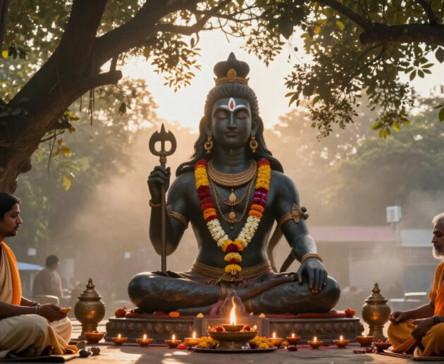 Devotee offering Bilva leaves to Shiva Lingam on Maha Shivaratri night