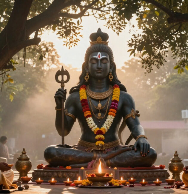 Devotee offering Bilva leaves to Shiva Lingam on Maha Shivaratri night