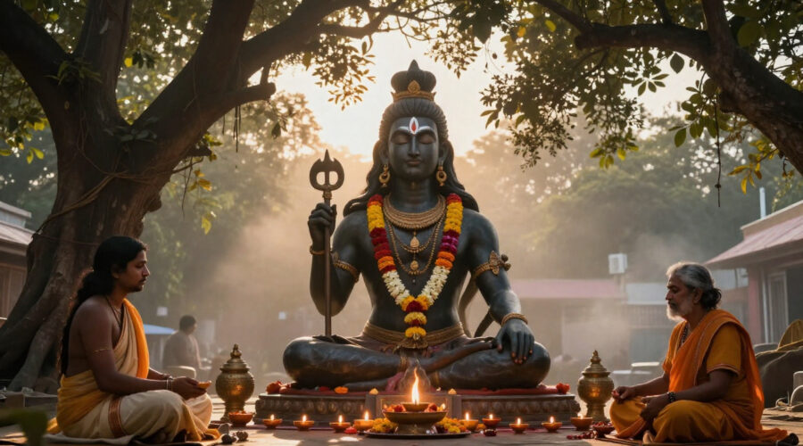 Devotee offering Bilva leaves to Shiva Lingam on Maha Shivaratri night