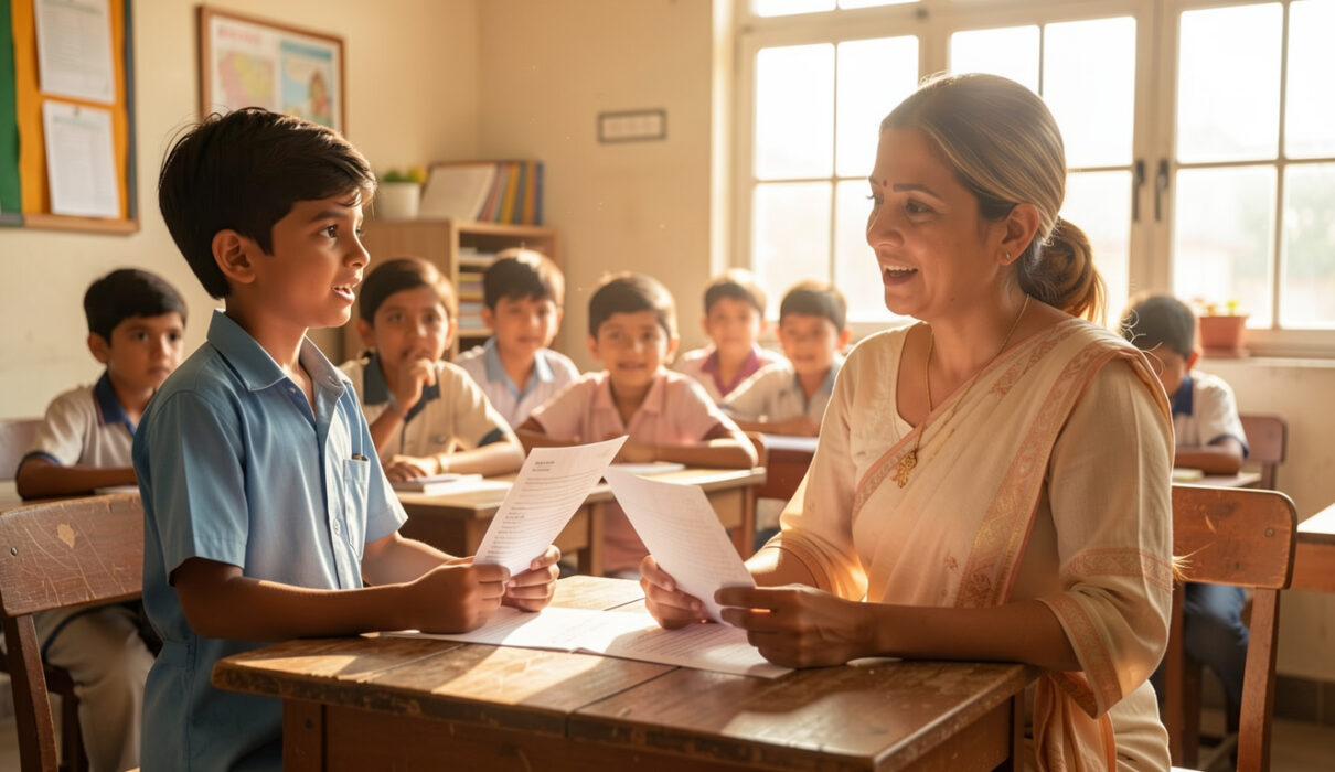 School student choosing truth over higher marks during exam result day