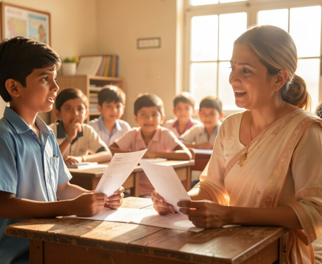 School student choosing truth over higher marks during exam result day