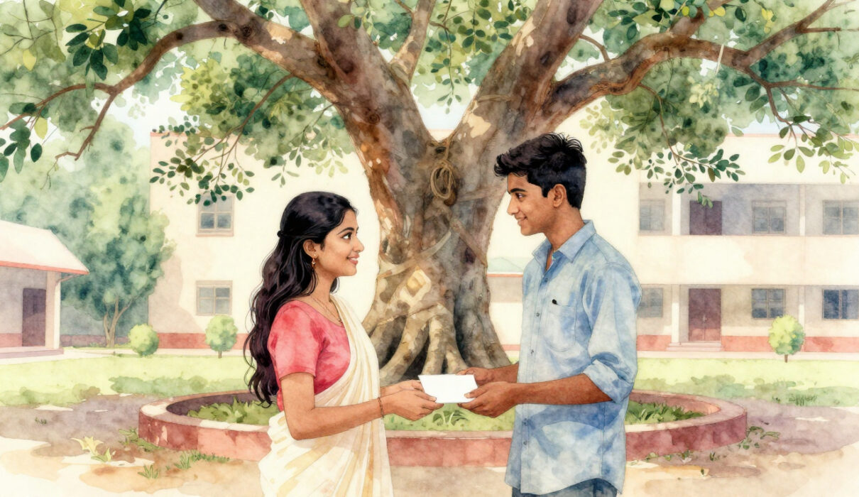 Young Indian couple exchanging a handwritten letter under a banyan tree – Valentine’s Day moral story illustration