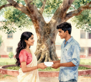 Young Indian couple exchanging a handwritten letter under a banyan tree – Valentine’s Day moral story illustration