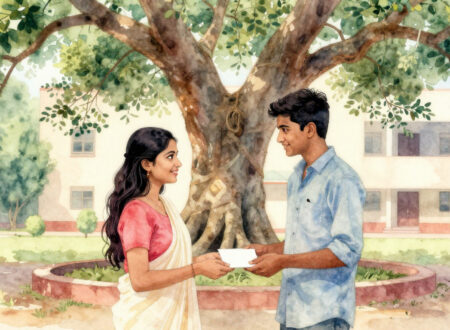 Young Indian couple exchanging a handwritten letter under a banyan tree – Valentine’s Day moral story illustration