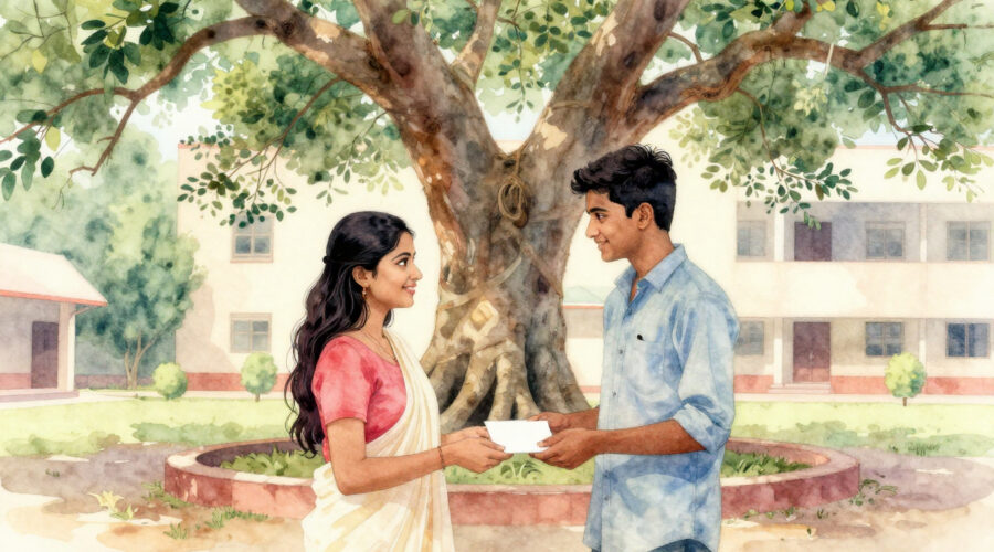 Young Indian couple exchanging a handwritten letter under a banyan tree – Valentine’s Day moral story illustration