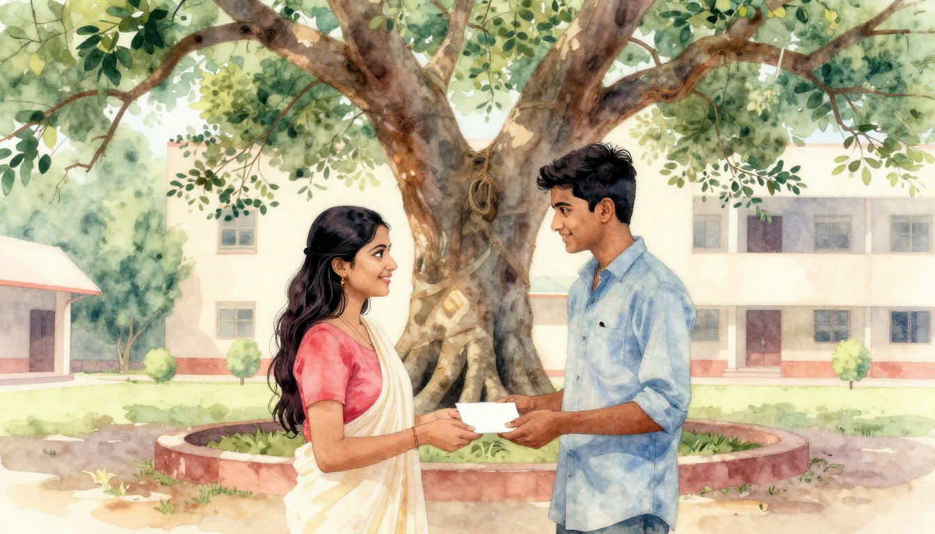 Young Indian couple exchanging a handwritten letter under a banyan tree – Valentine’s Day moral story illustration