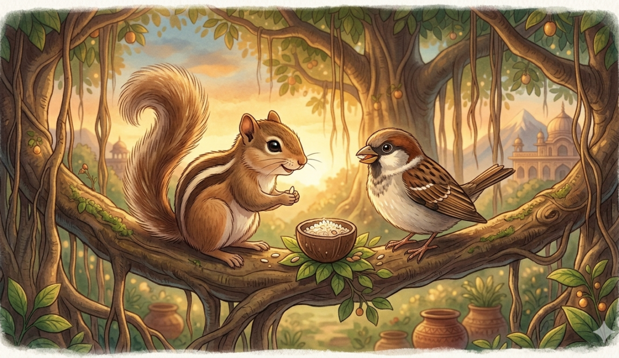 Cute Indian palm squirrel with fluffy tail and friendly sparrow in banyan tree, children's storybook illustration style