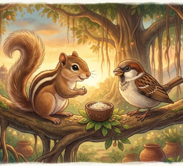 Cute Indian palm squirrel with fluffy tail and friendly sparrow in banyan tree, children's storybook illustration style