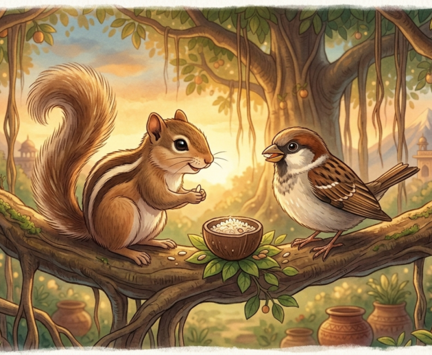 Cute Indian palm squirrel with fluffy tail and friendly sparrow in banyan tree, children's storybook illustration style