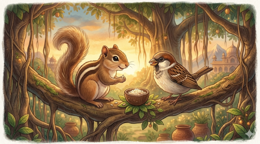Cute Indian palm squirrel with fluffy tail and friendly sparrow in banyan tree, children's storybook illustration style