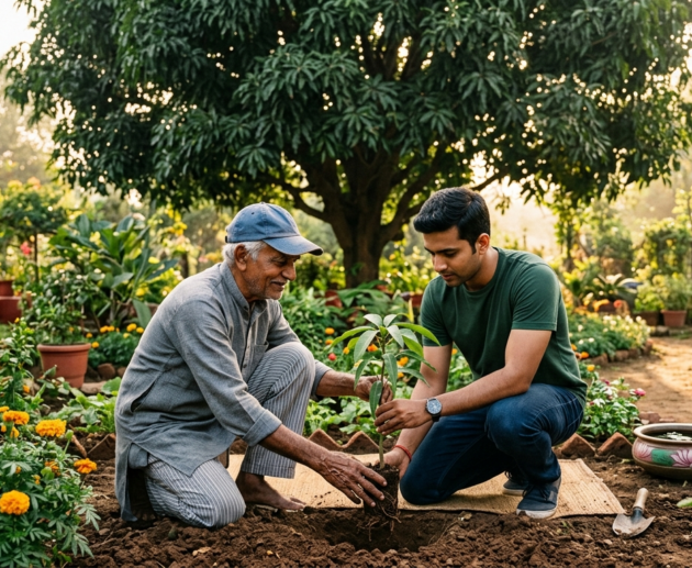 Elderly Indian gardener in blue cap planting small sapling in terracotta pot with lush garden background