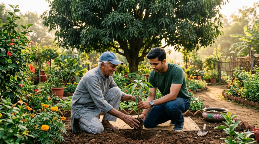 Elderly Indian gardener in blue cap planting small sapling in terracotta pot with lush garden background