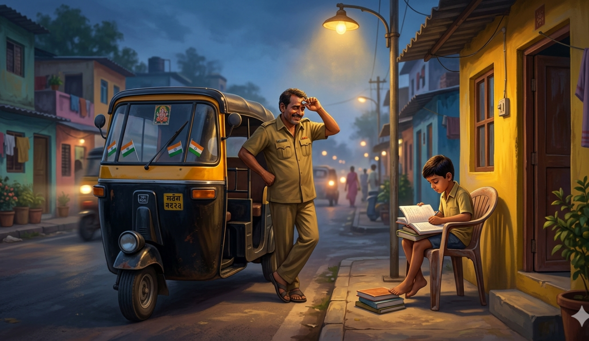 Indian auto-rickshaw - young boy studying under streetlight