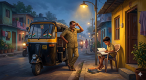 Indian auto-rickshaw - young boy studying under streetlight