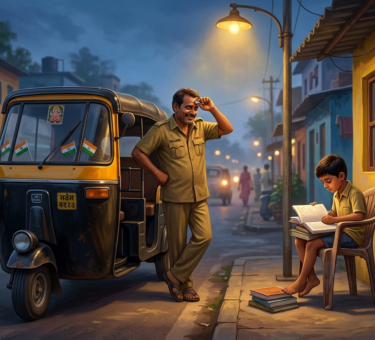 Indian auto-rickshaw - young boy studying under streetlight