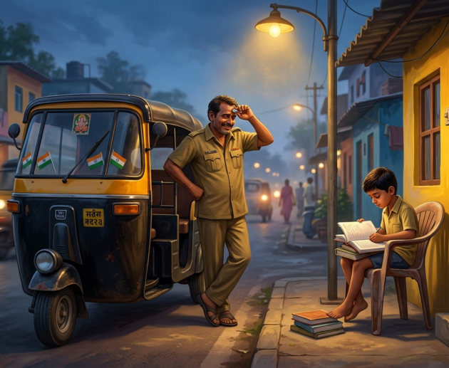 Indian auto-rickshaw - young boy studying under streetlight