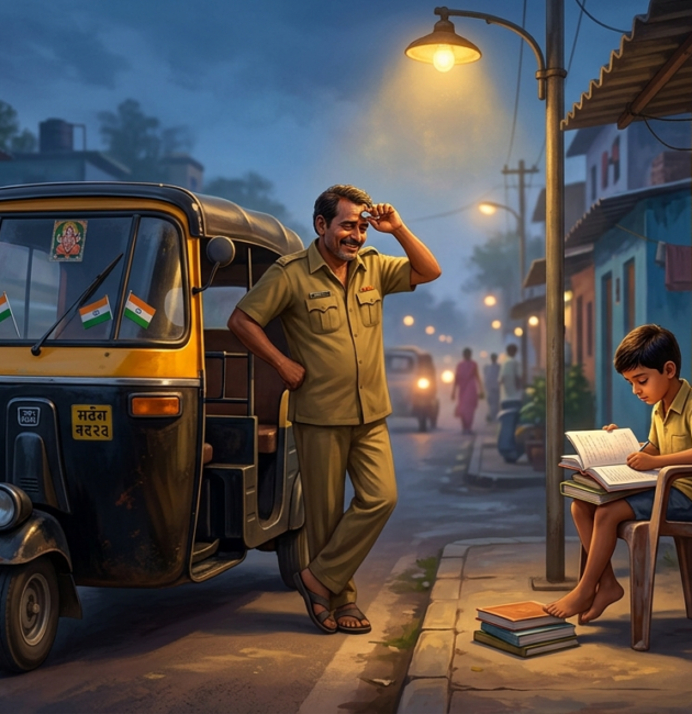 Indian auto-rickshaw - young boy studying under streetlight