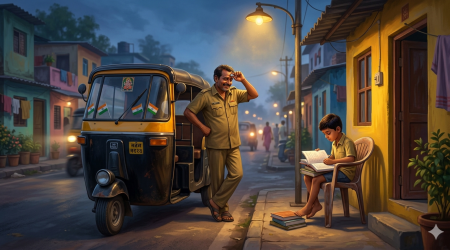 Indian auto-rickshaw - young boy studying under streetlight