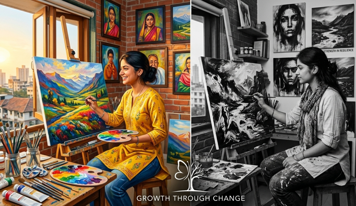 Young Indian woman artist painting beautiful emotional black and white artwork in Mumbai studio, overcoming disability with determination