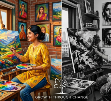 Young Indian woman artist painting beautiful emotional black and white artwork in Mumbai studio, overcoming disability with determination