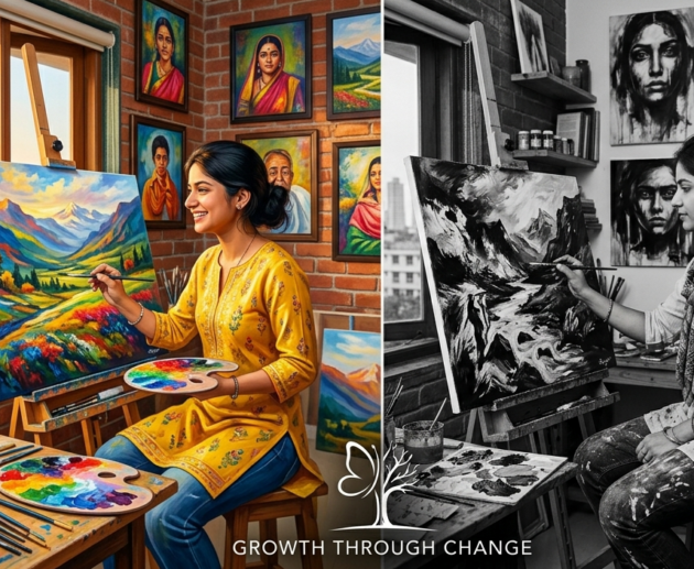 Young Indian woman artist painting beautiful emotional black and white artwork in Mumbai studio, overcoming disability with determination